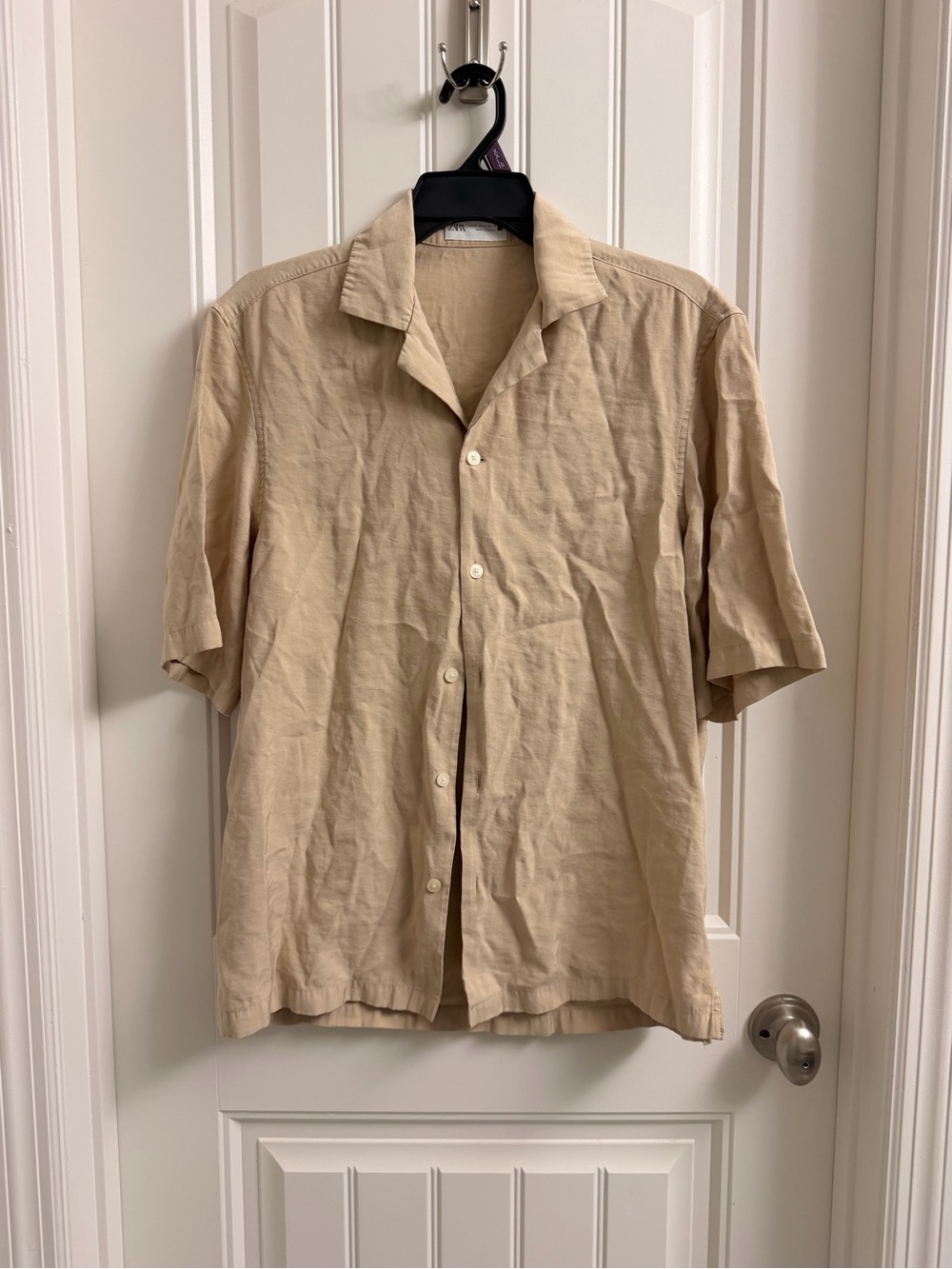 Zara Beige Short-Sleeve Button-Down Shirt